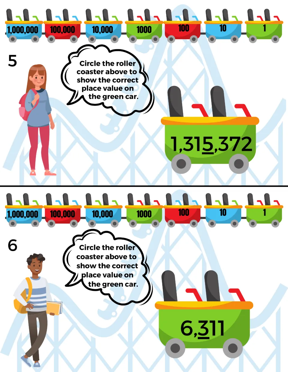 Place value cards 5–6: identify the position of the underlined 5 in 1,315,372 and underlined 3 in 6,311