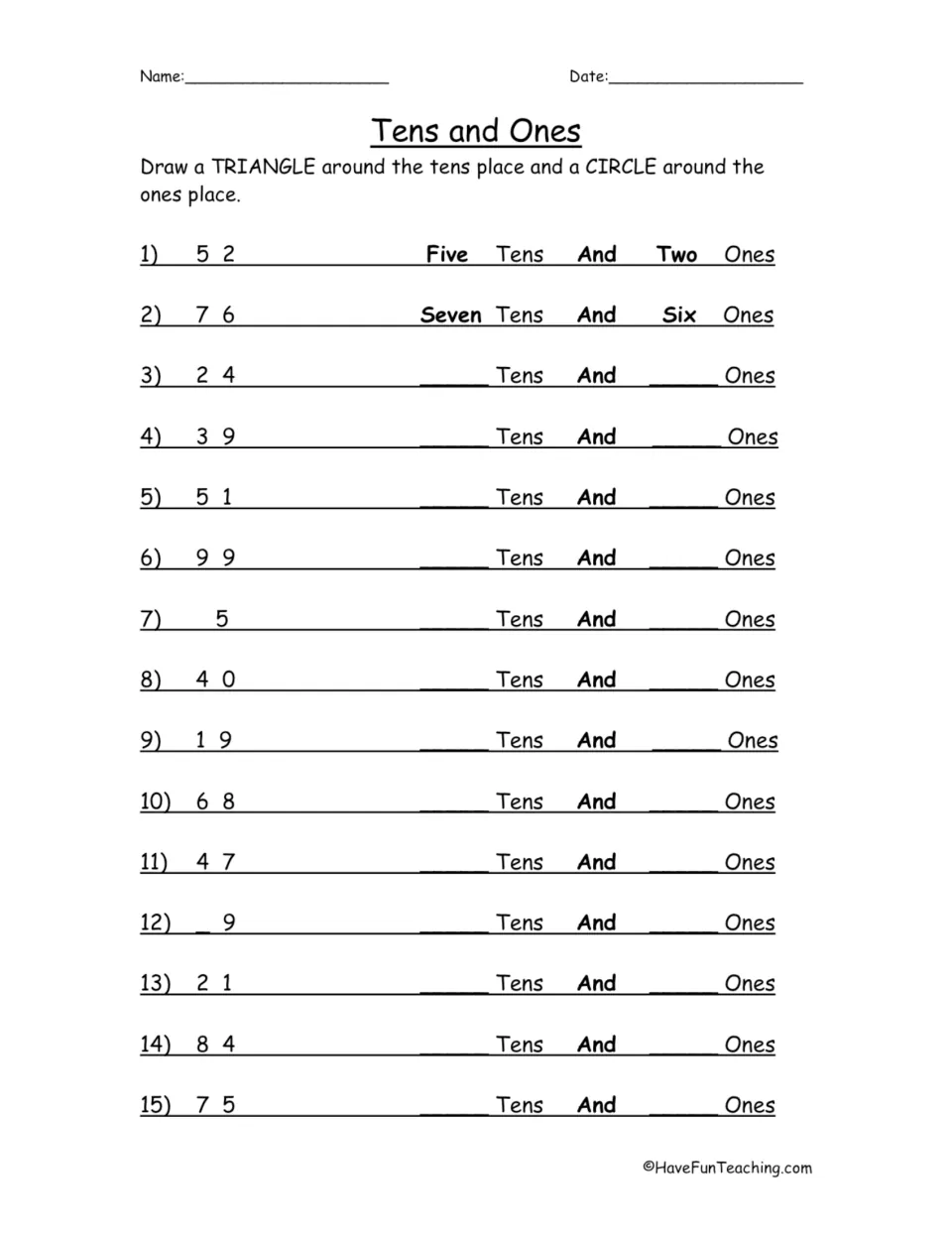 Tens and ones practice: 15 numbers, including 52 and 76, to mark with triangles for tens and circles for ones