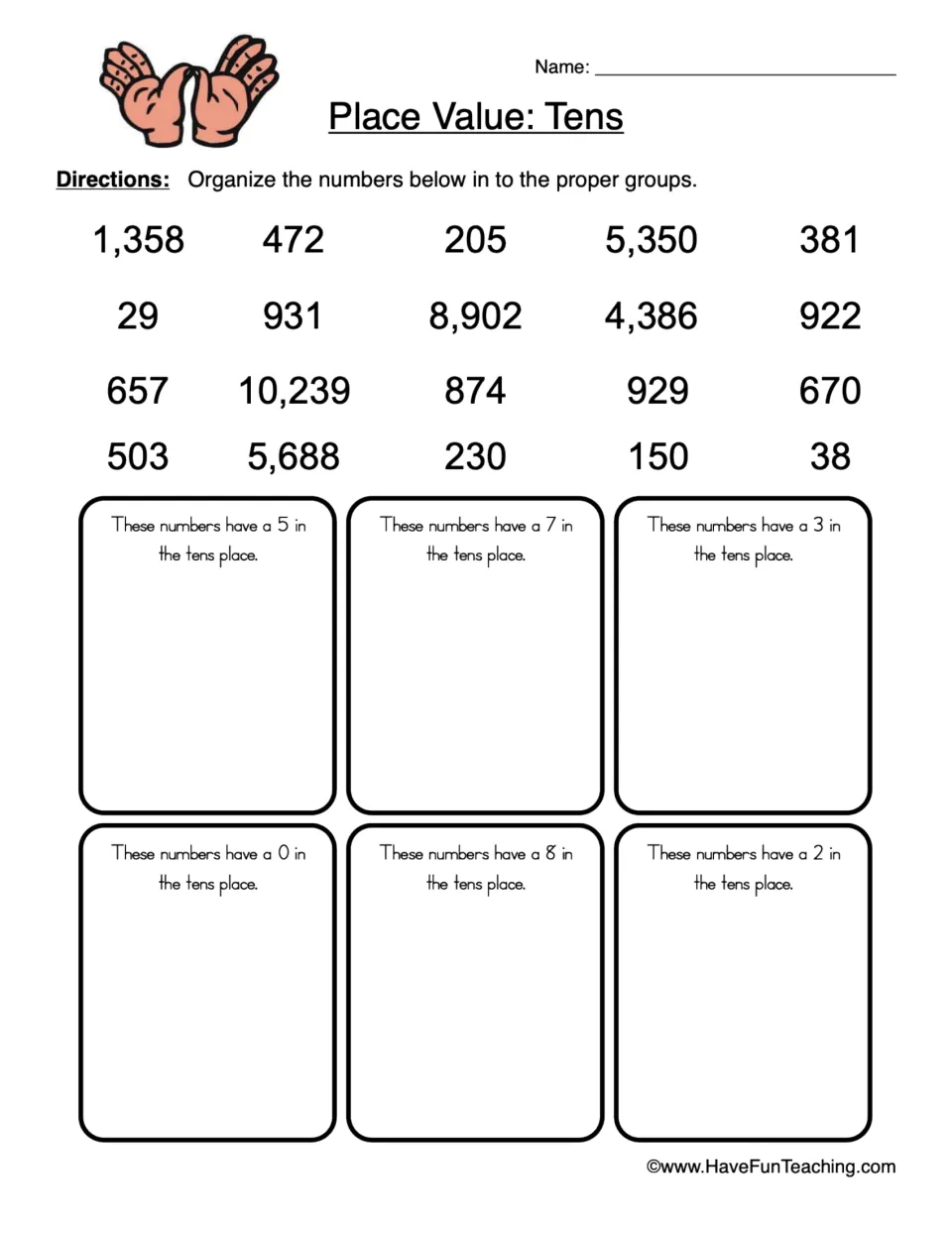 Place Value: Tens sort: students group 20 numbers, from 29 to 10,239, by whether the tens digit is 5, 7, 3, 0, 8 or 2