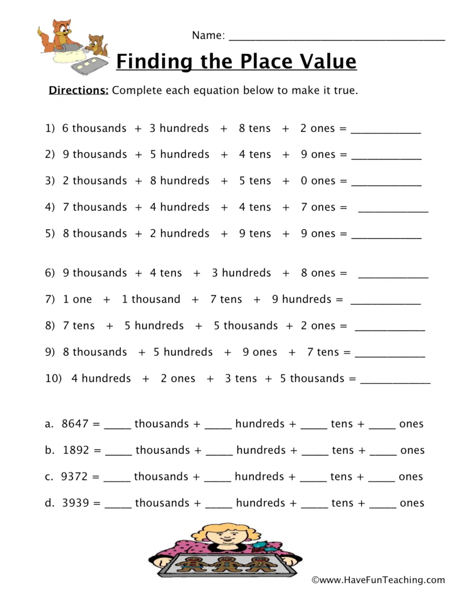 Finding the Place Value: students write 10 four-digit numbers from thousands, hundreds, tens and ones, then expand 4 more