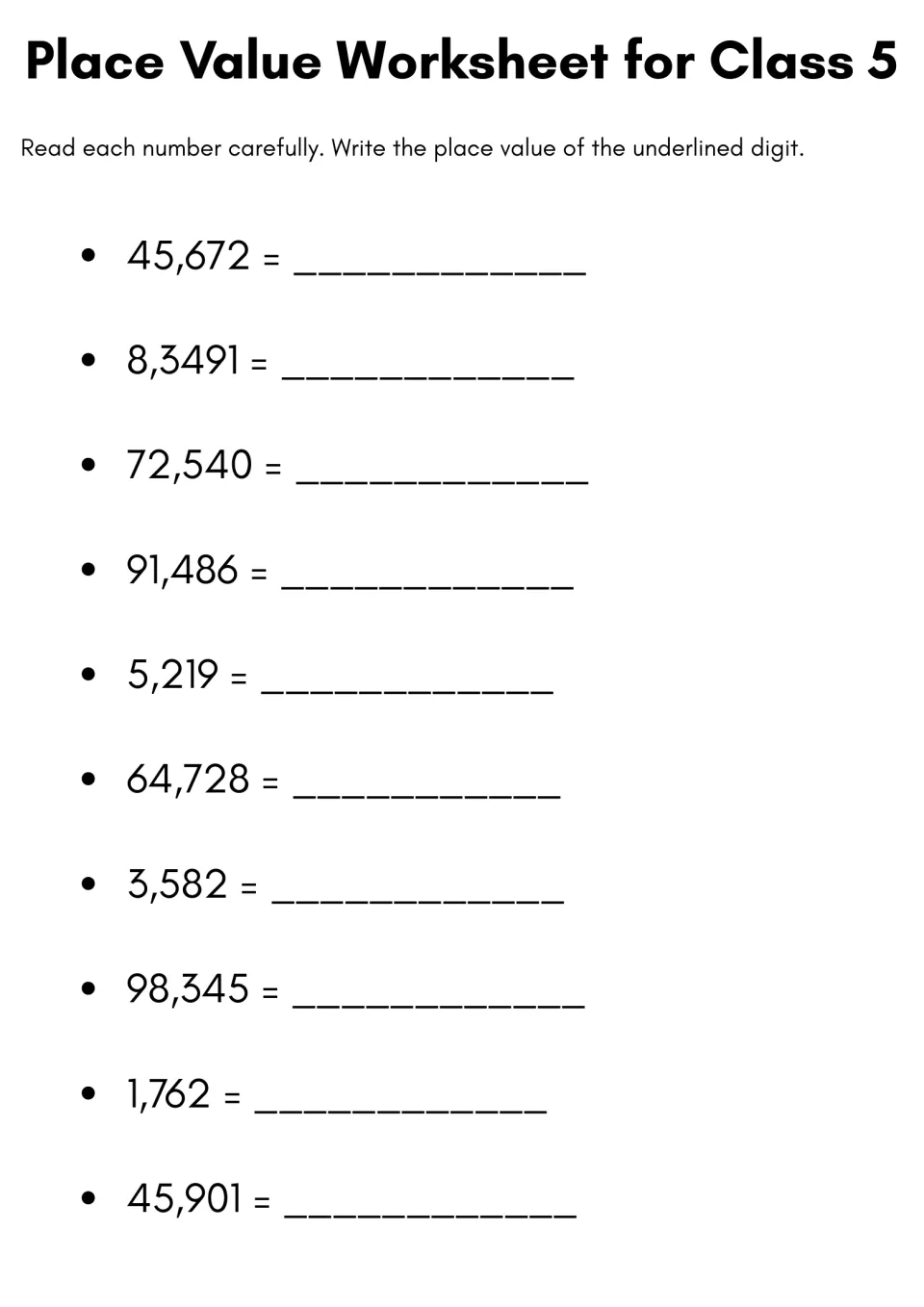 Place value of digits: students read 10 numbers such as 45,672 and 98,345 and write the value of the underlined digit