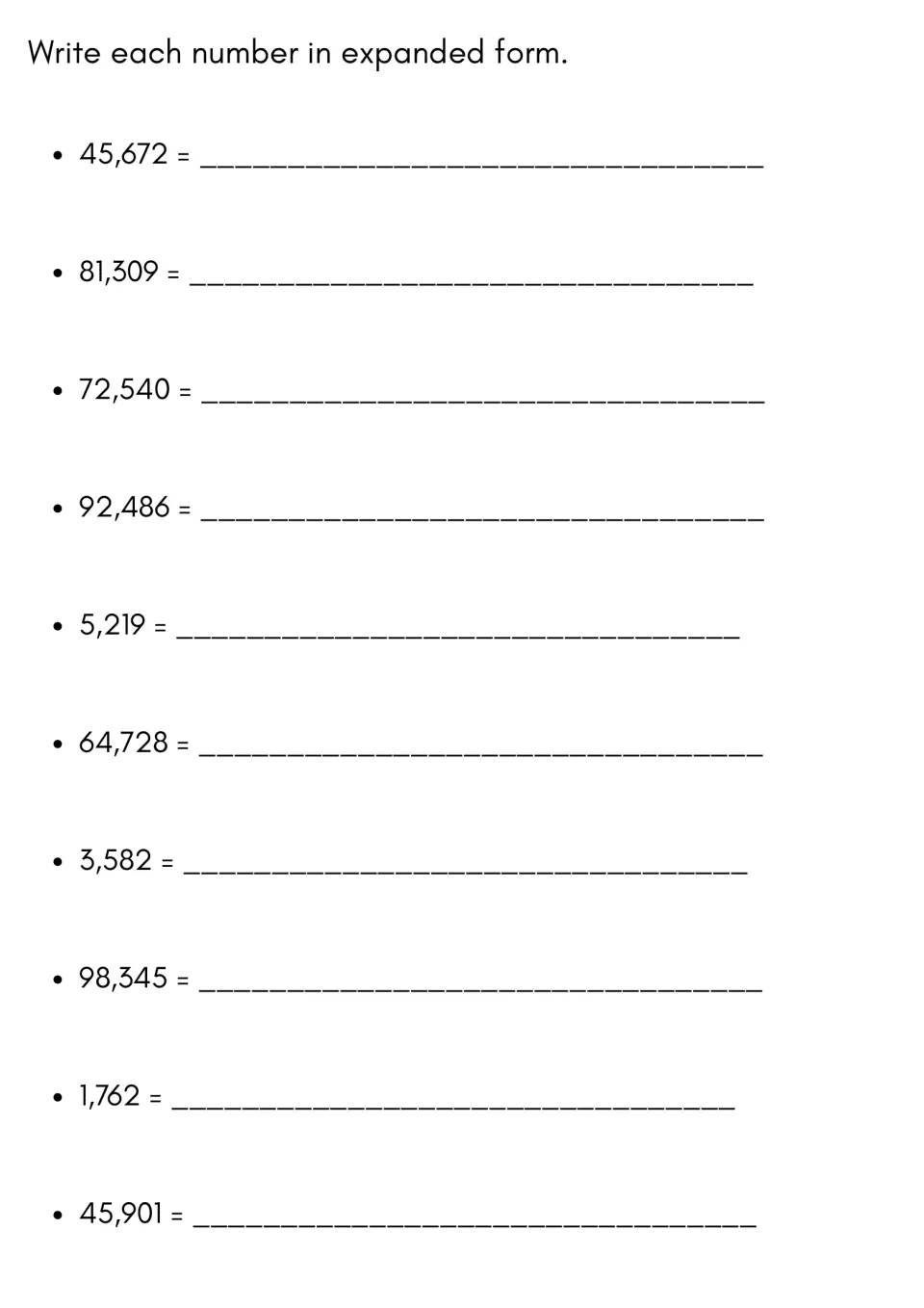 Expanded form practice: students rewrite 10 numbers, including 81,309 and 64,728, as sums of their place values
