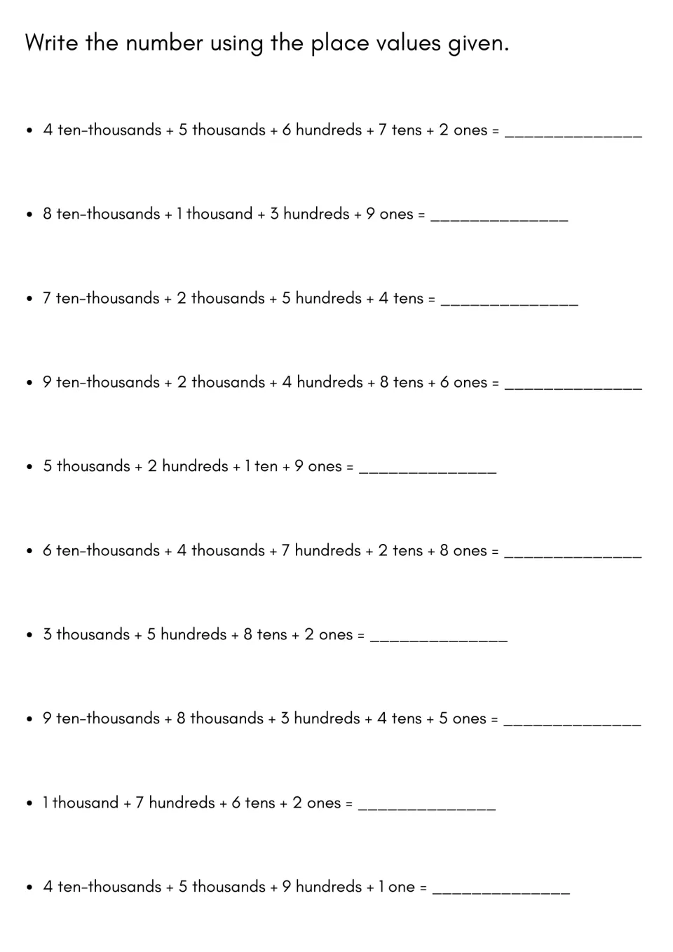 Building numbers from place-value units: students write 10 numbers given in words like 4 ten-thousands + 5 thousands
