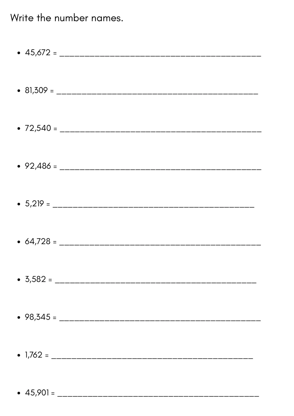 Number names: students write 10 numbers such as 92,486 and 3,582 in words to practise reading large numbers