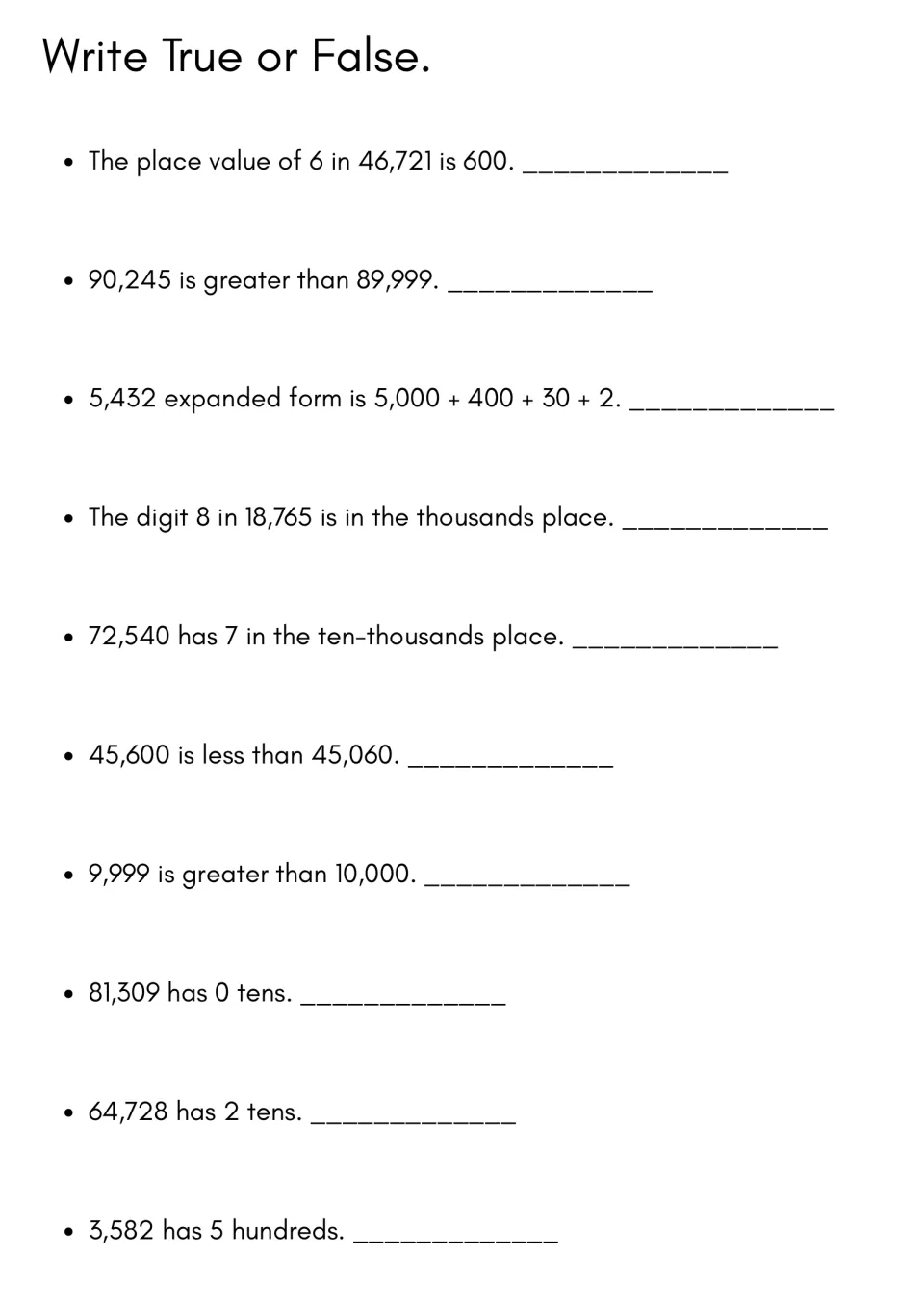 True or false review: students judge 10 place value statements, e.g. that 90,245 is greater than 89,999