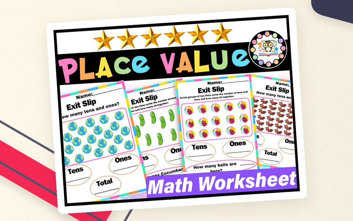 Place Value math-worksheet cover showing colorful tens-and-ones exit slips with grouped balls, cucumbers and other objects.