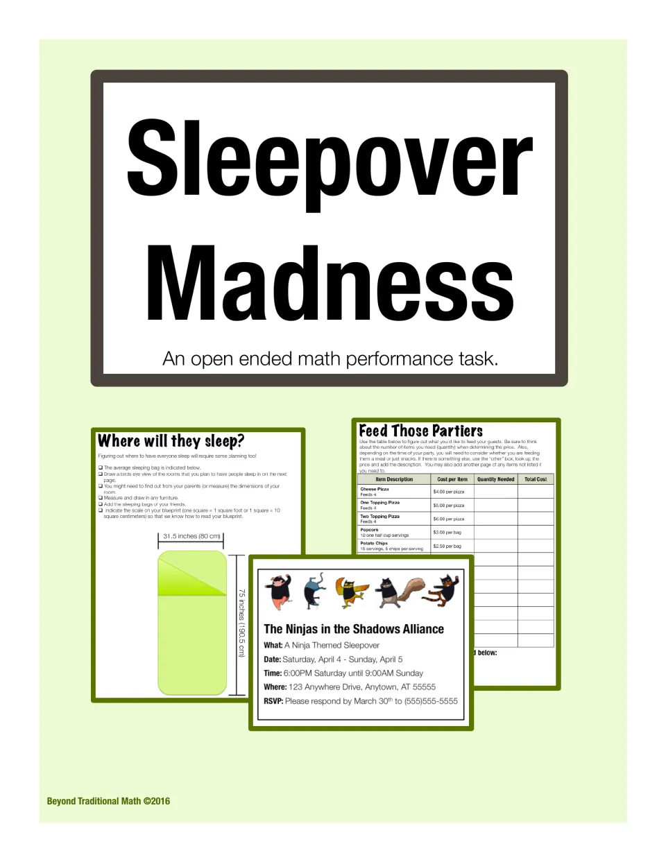 Sleepover Madness cover: an open ended math performance task, showing sleeping, food menu and ninja invitation pages