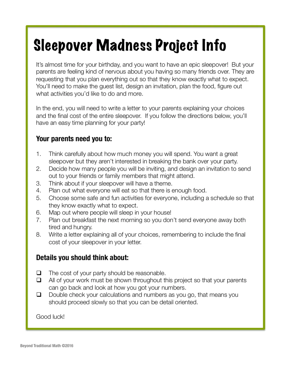 Project brief: students plan a birthday sleepover in 8 steps, from budget and guest list to a letter giving the final cost