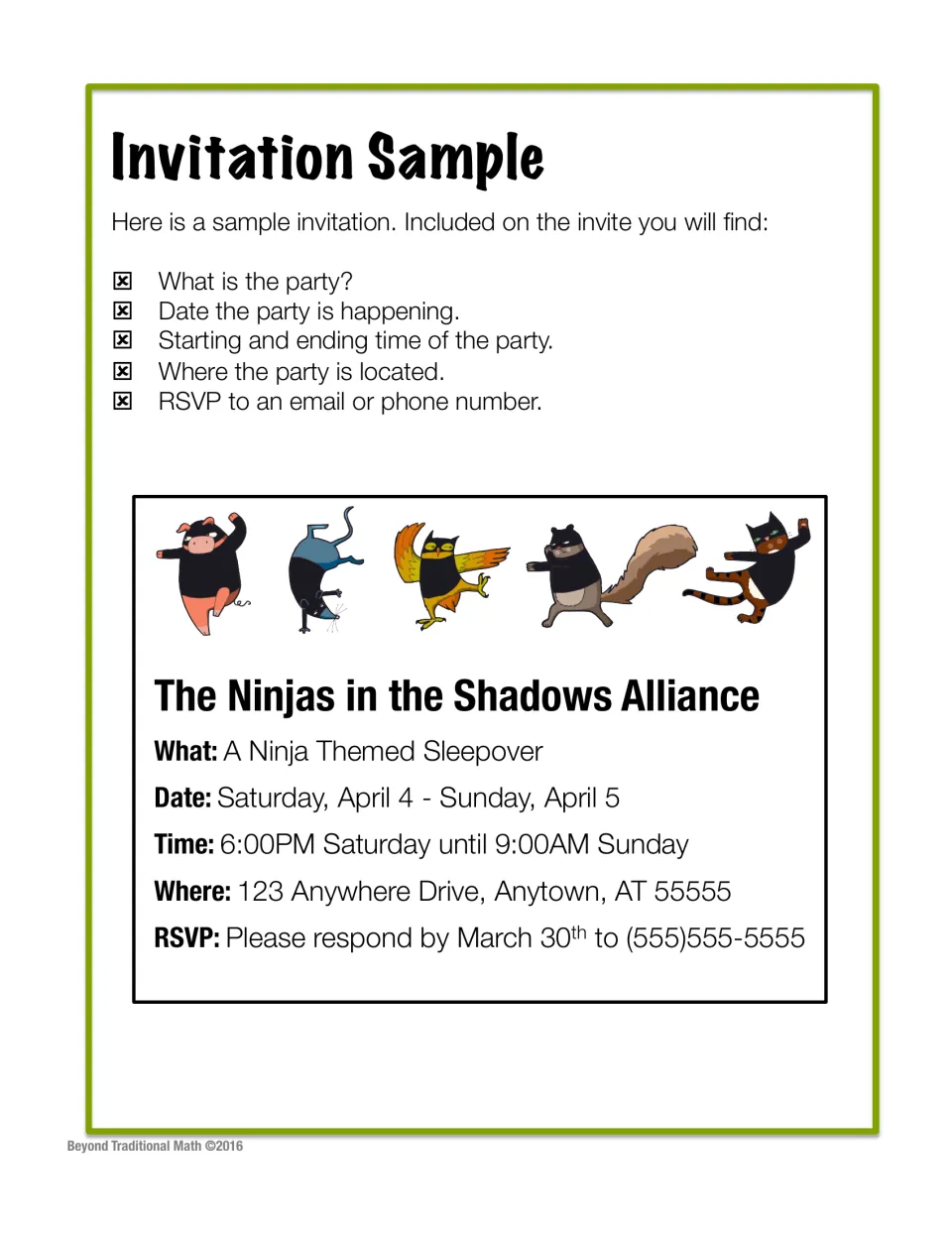 Invitation Sample: a ninja themed sleepover invite modeling what, date, start and end time, location and RSVP details