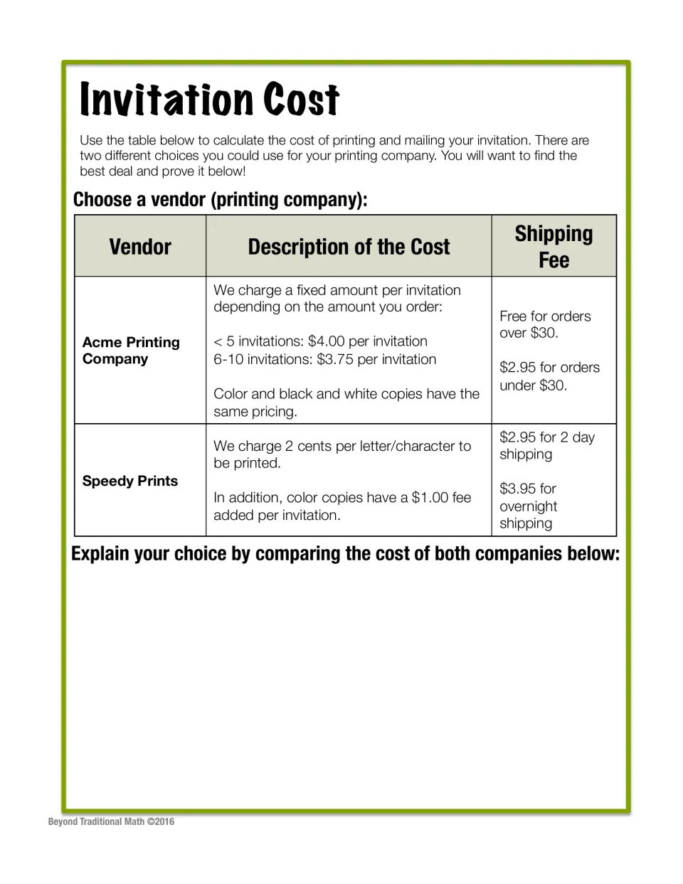Invitation Cost: students compare Acme Printing per-invite rates with Speedy Prints at 2 cents per character
