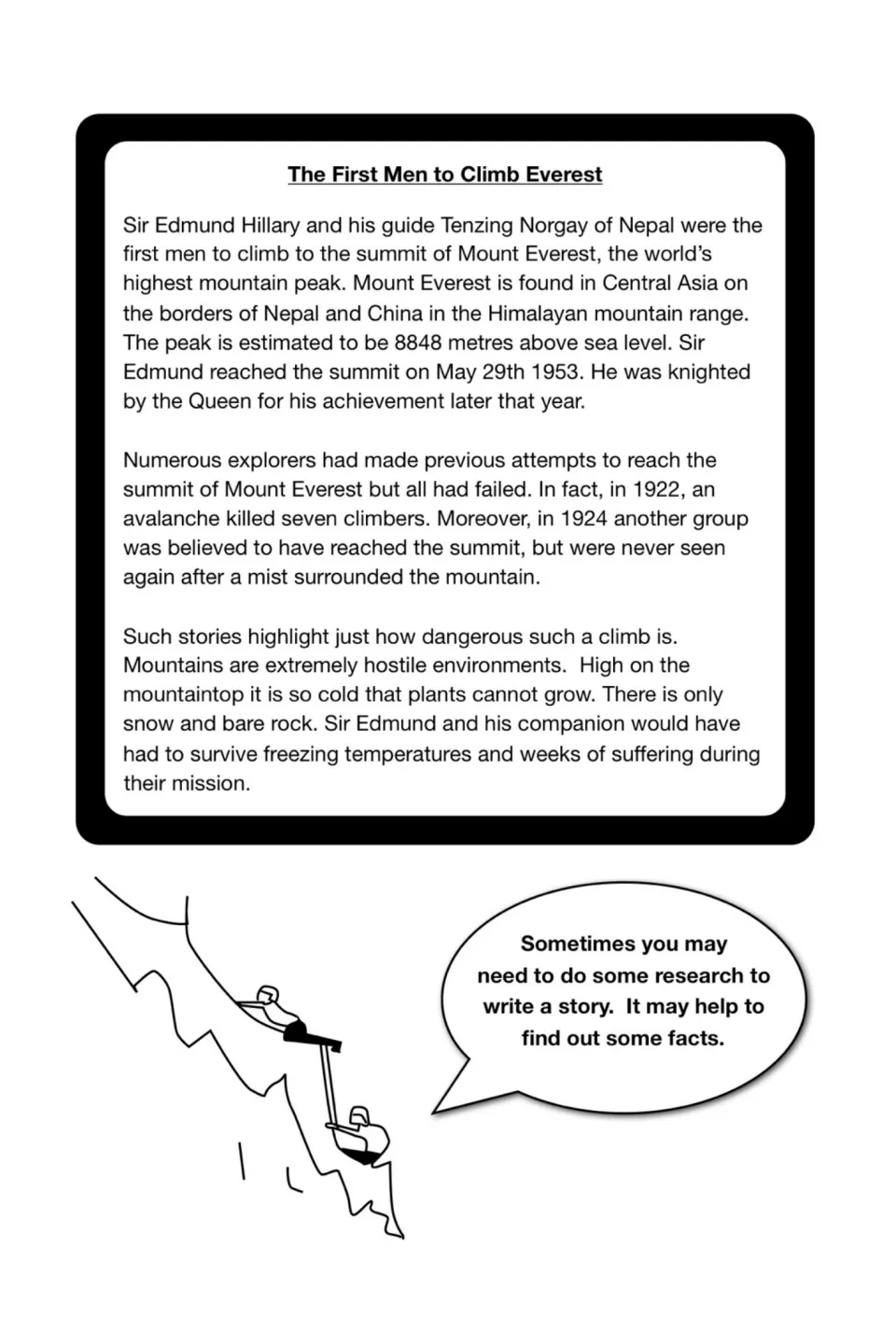 The First Men to Climb Everest: reading passage on Hillary and Tenzing Norgay's 1953 summit and earlier failed attempts