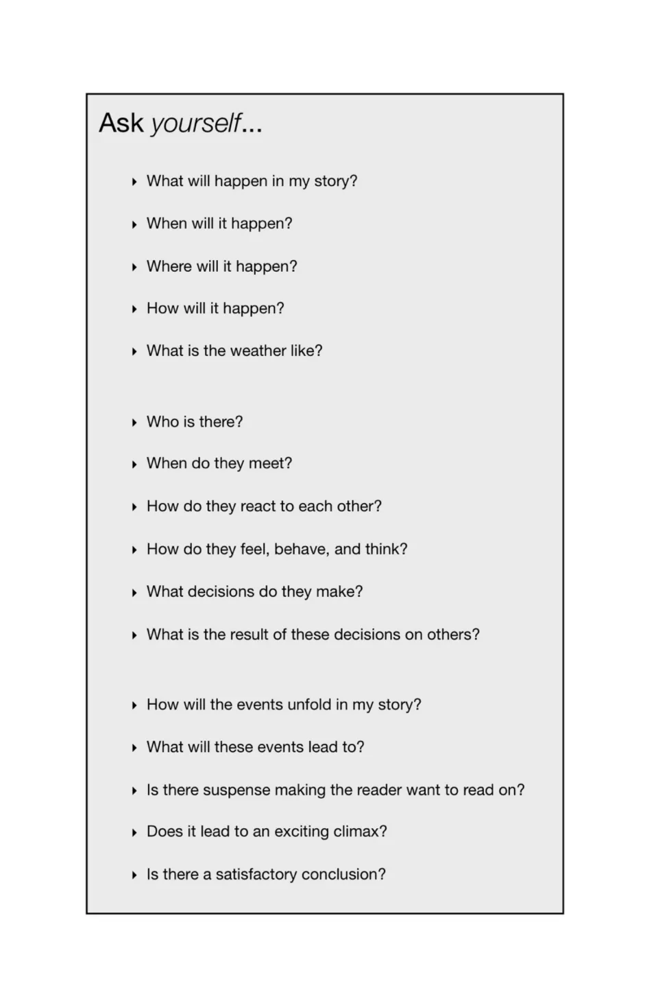 Story-planning questions cover events, setting, characters, decisions, suspense, climax, and conclusion