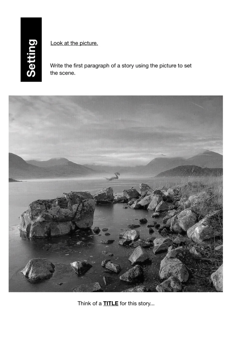 Setting prompt asks for a story opening and title using a rocky lakeshore scene with a monster in the water