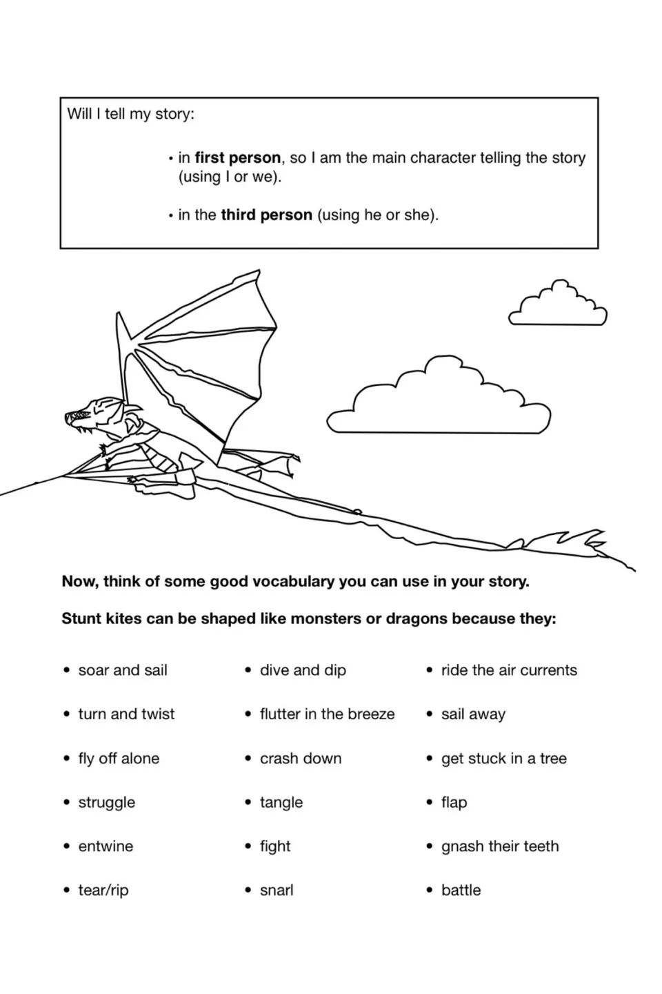 Point of view and vocabulary: students choose first or third person and pick kite verbs like soar, dive, tangle and snarl