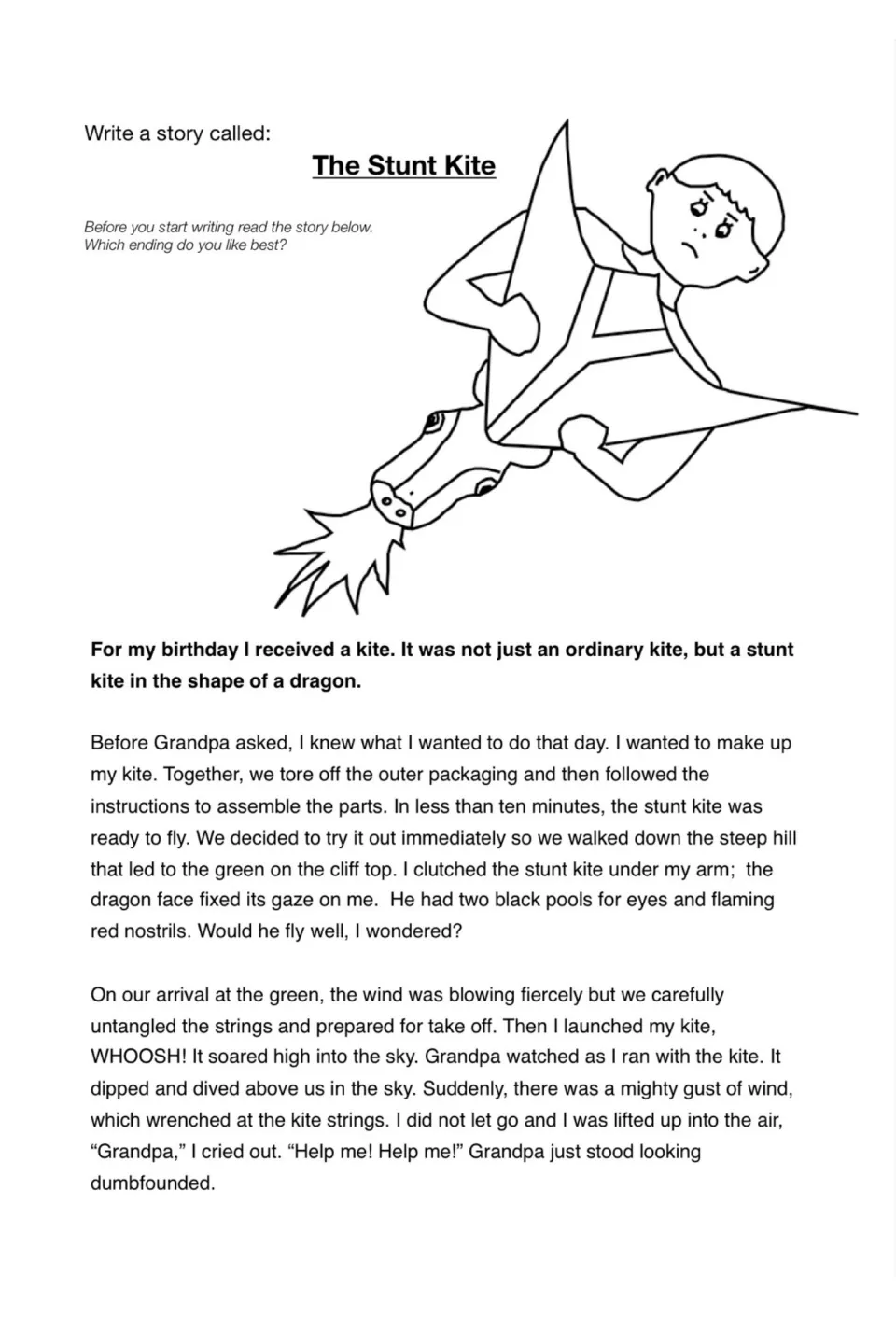 Model story opening: students read how a boy flies his dragon stunt kite with Grandpa until a gust lifts him into the air