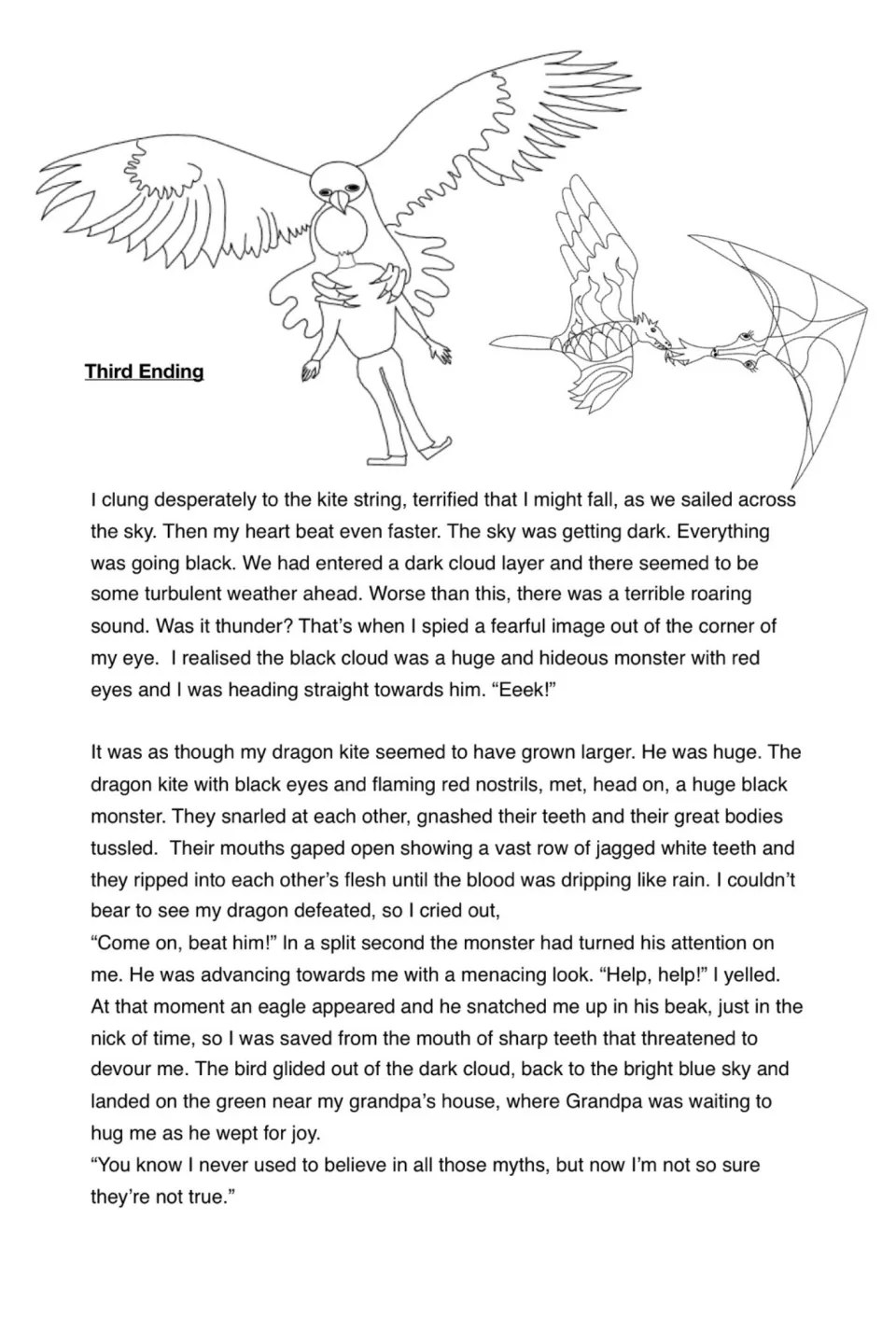 Third model ending: the dragon kite battles a black cloud monster and an eagle carries the narrator back to Grandpa