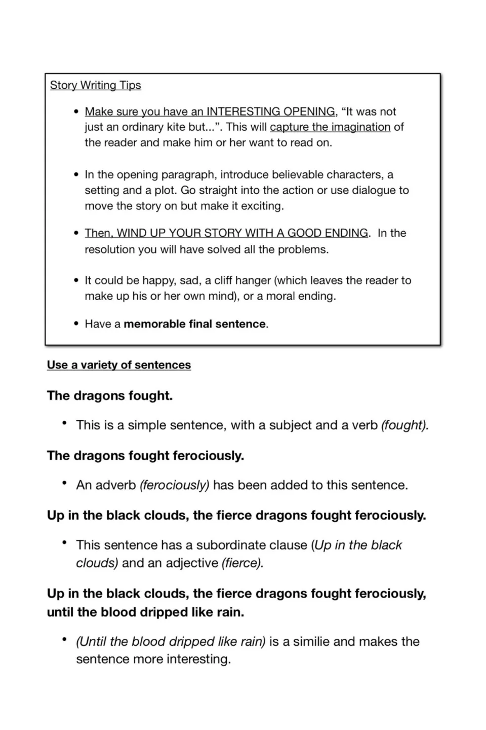 Story writing tips and sentence variety: building 'The dragons fought' up with an adverb, clause, adjective and simile