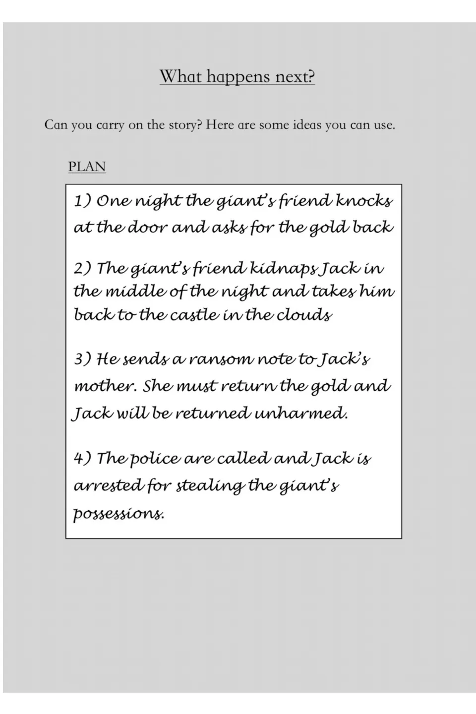 What happens next? Students continue the story using a plan of four ideas, from a ransom note to Jack being arrested