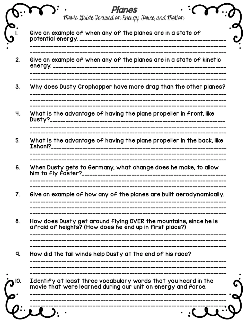 Student movie guide has 10 questions on potential and kinetic energy, drag, propellers, and Dusty's race