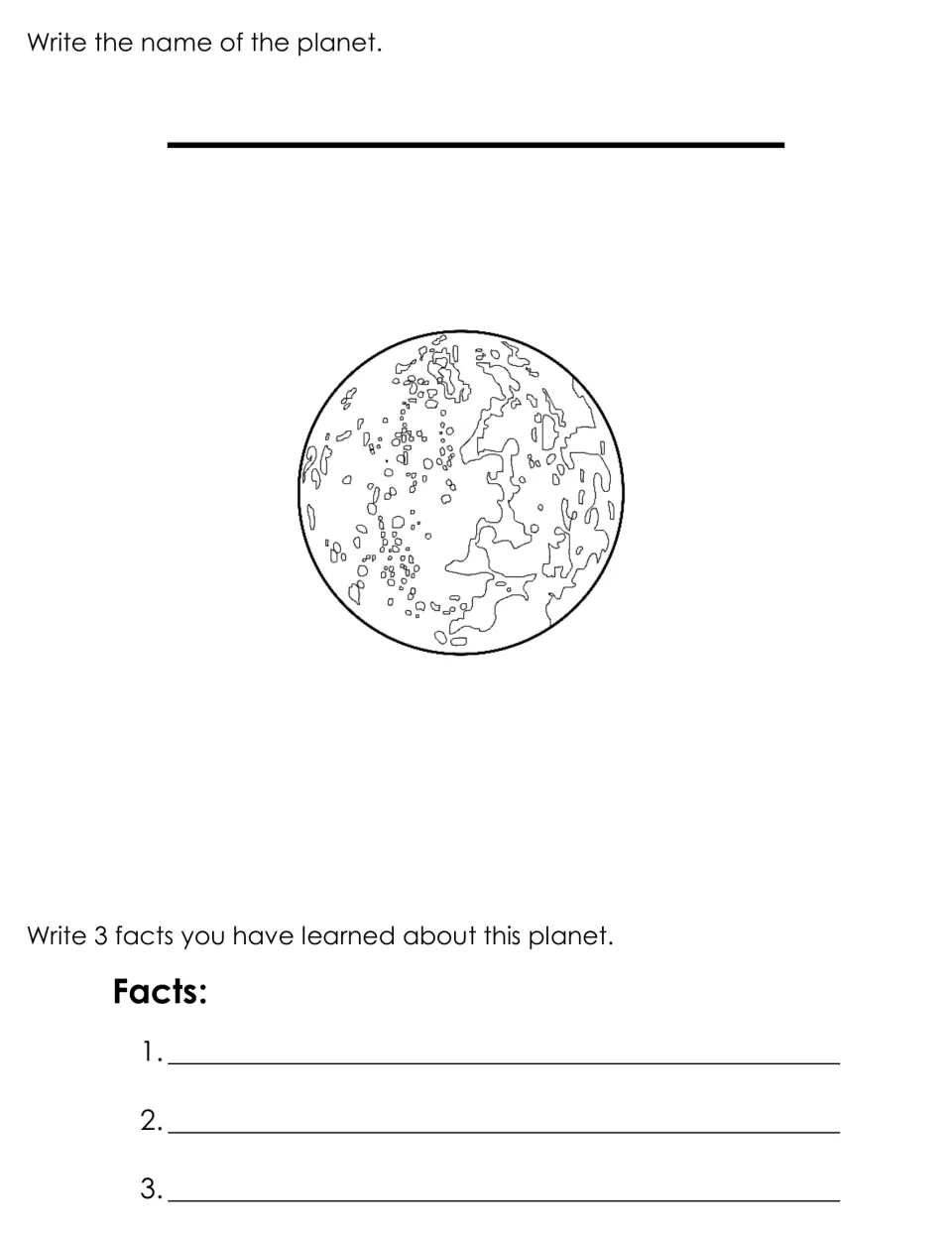 Mercury page: students identify and write the name of the small, cratered planet drawn, then record 3 facts learned about it