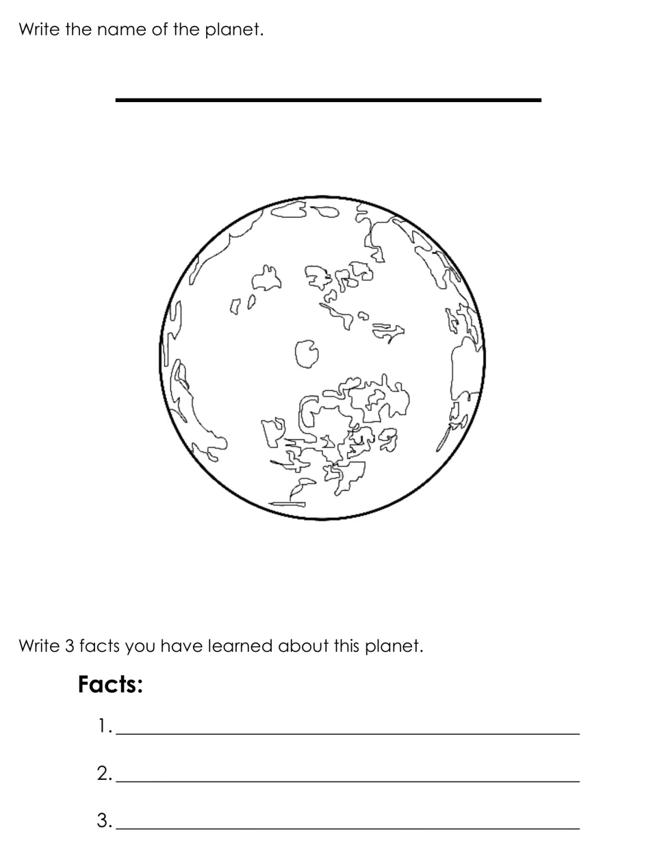 Venus page: students identify the cloud-patterned planet drawing, write its name and record 3 facts learned in class