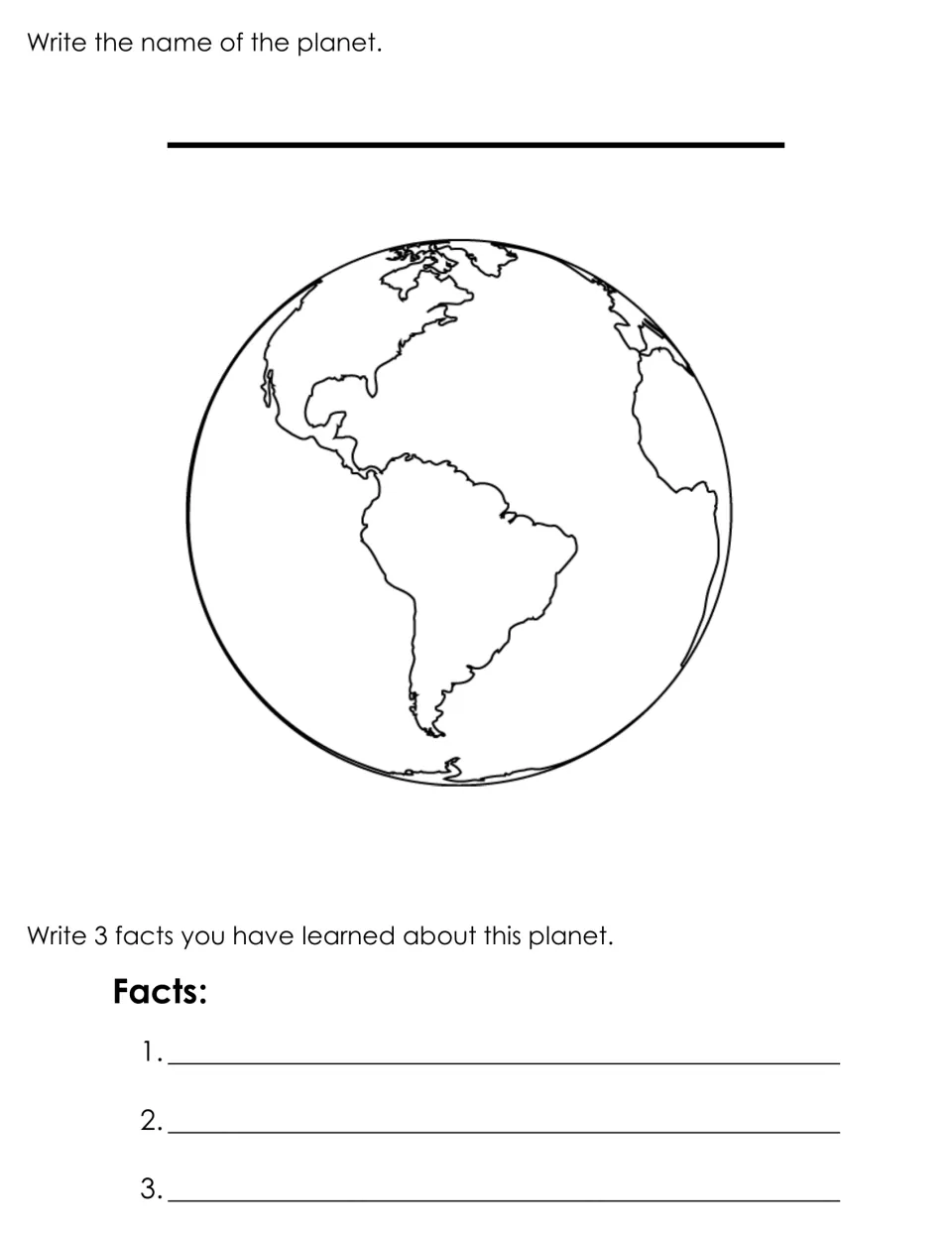 Earth page: students name the planet whose drawing shows the Americas, then write 3 facts they have learned about Earth