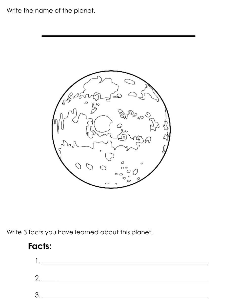 Mars page: students identify the planet from its crater-marked drawing, write its name and list 3 facts they have learned