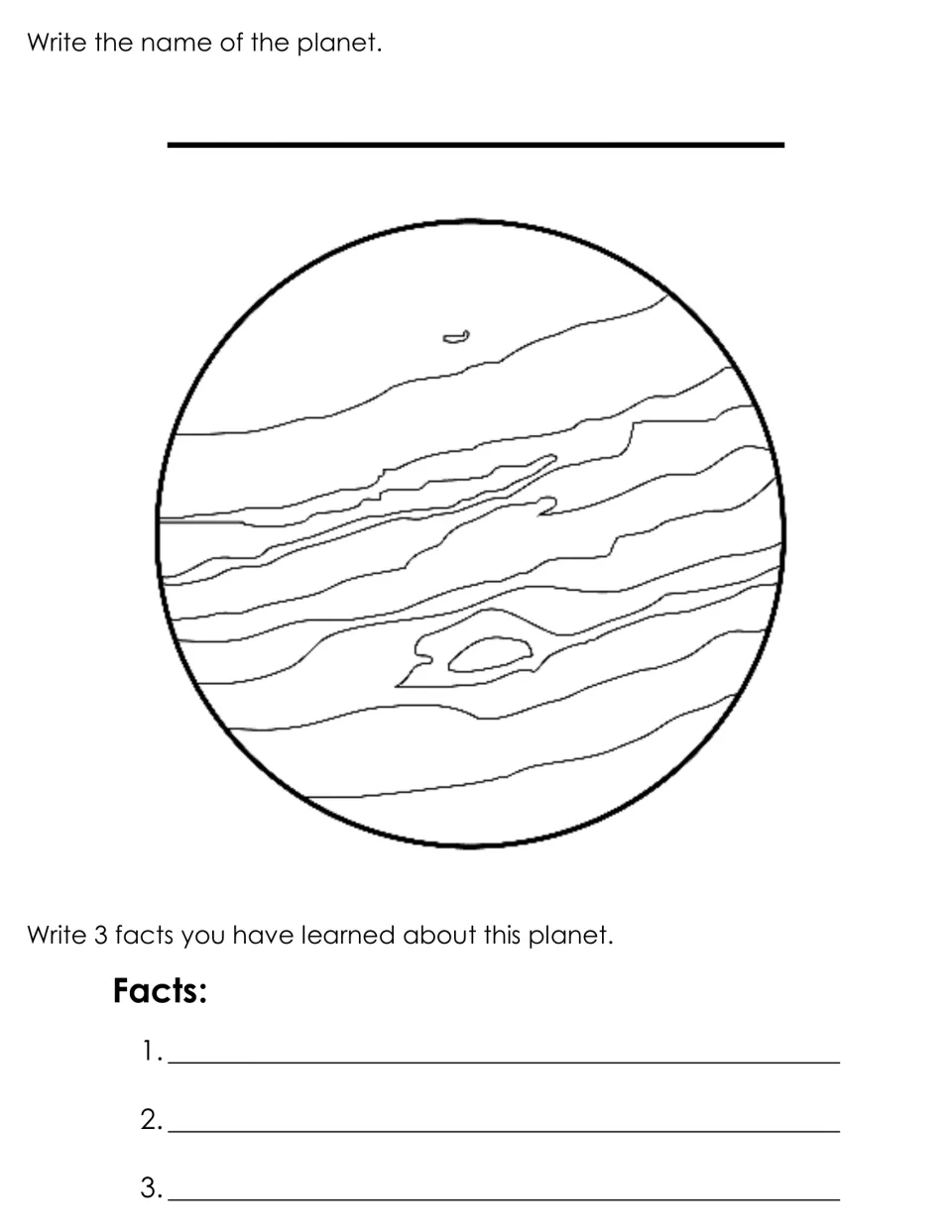 Jupiter page: students name the banded planet with a large storm spot and write 3 facts they have learned about it