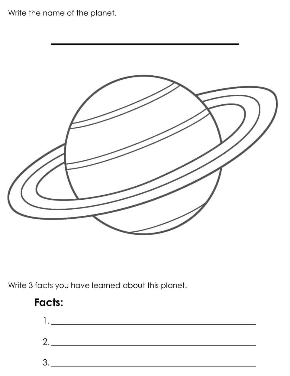 Saturn page: students write the name of the planet with wide, nearly level rings and list 3 facts they have learned