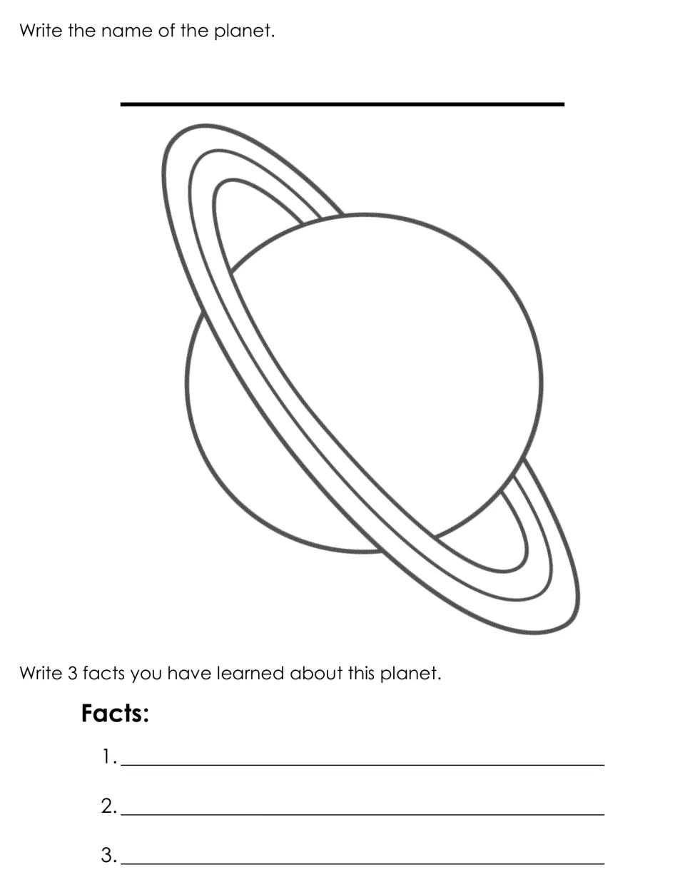 Uranus page: students identify the planet with steeply tilted rings, write its name and record 3 facts they have learned