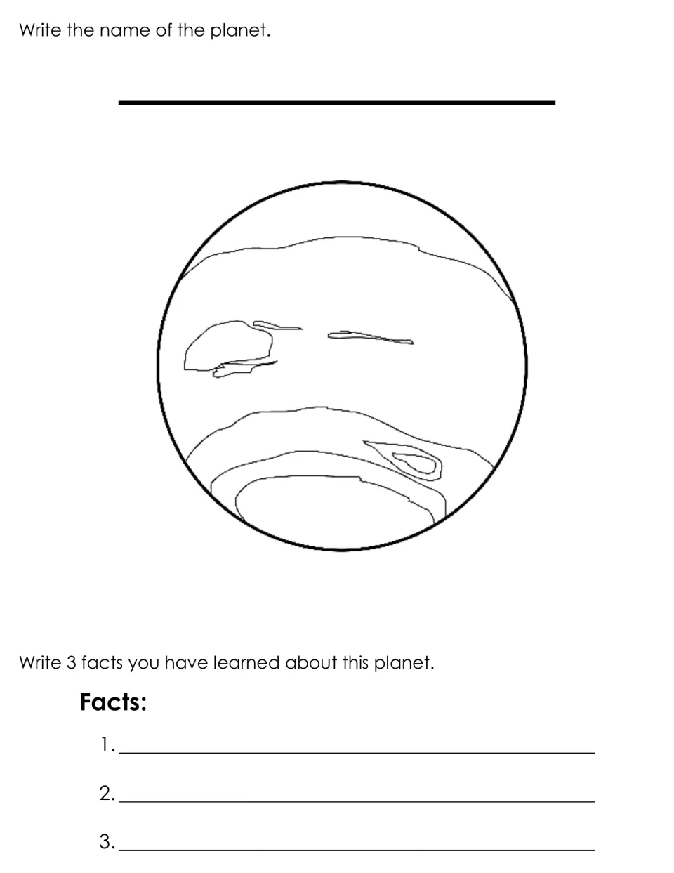 Neptune page: students name the planet with swirling cloud bands and an oval spot, then write 3 facts they have learned