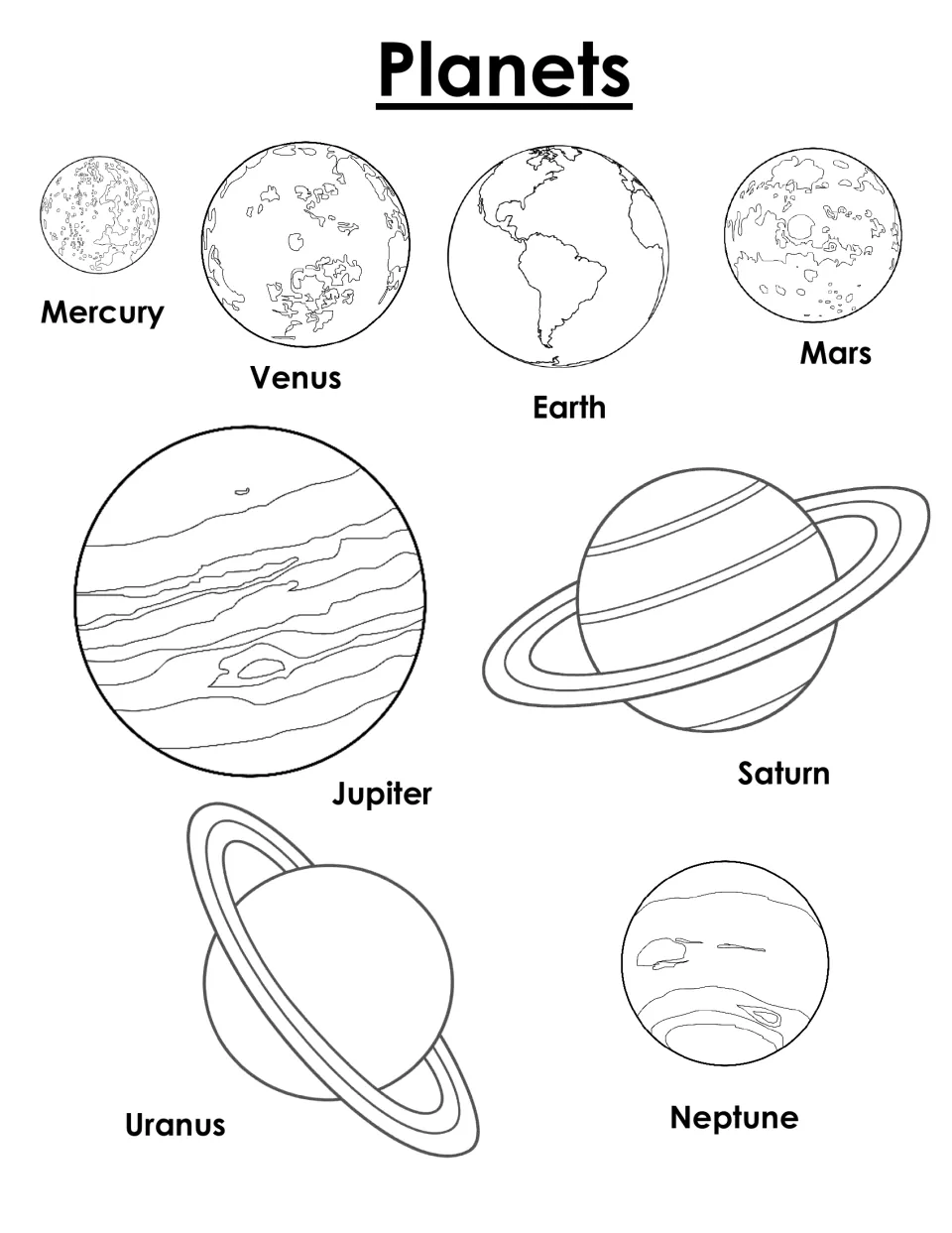 Planets reference: labeled outline drawings of Mercury, Venus, Earth, Mars, Jupiter, Saturn, Uranus and Neptune