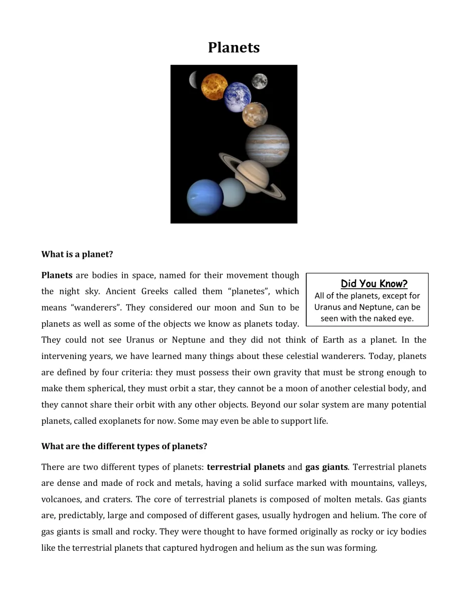 Planets reading article, page 1: what a planet is, its four criteria, and terrestrial planets vs. gas giants