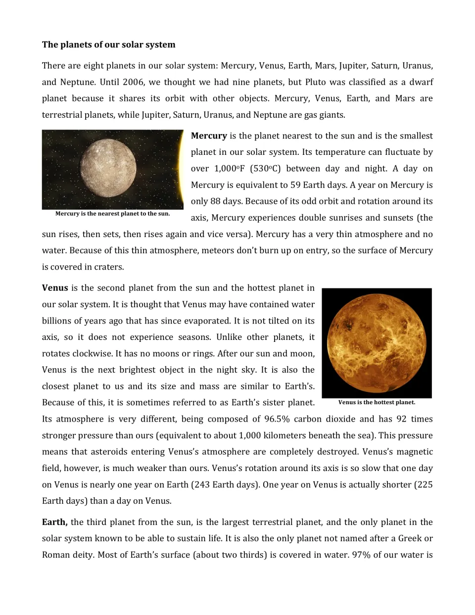 Article page 2: the eight planets and Pluto's 2006 reclassification, then Mercury, Venus and the start of Earth
