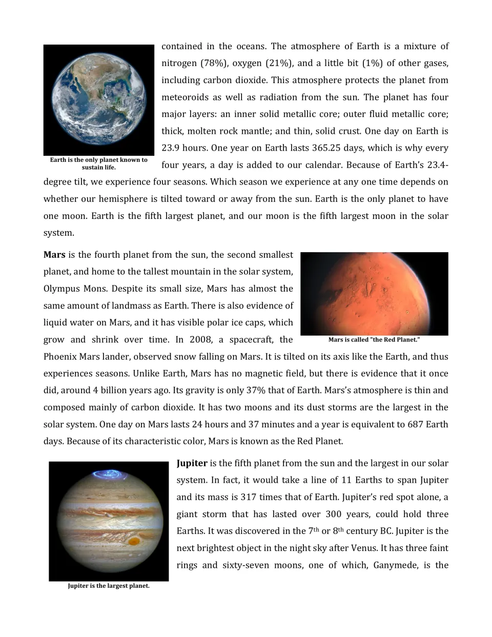 Article page 3: Earth's atmosphere, layers and seasons, Mars and Olympus Mons, and the start of Jupiter