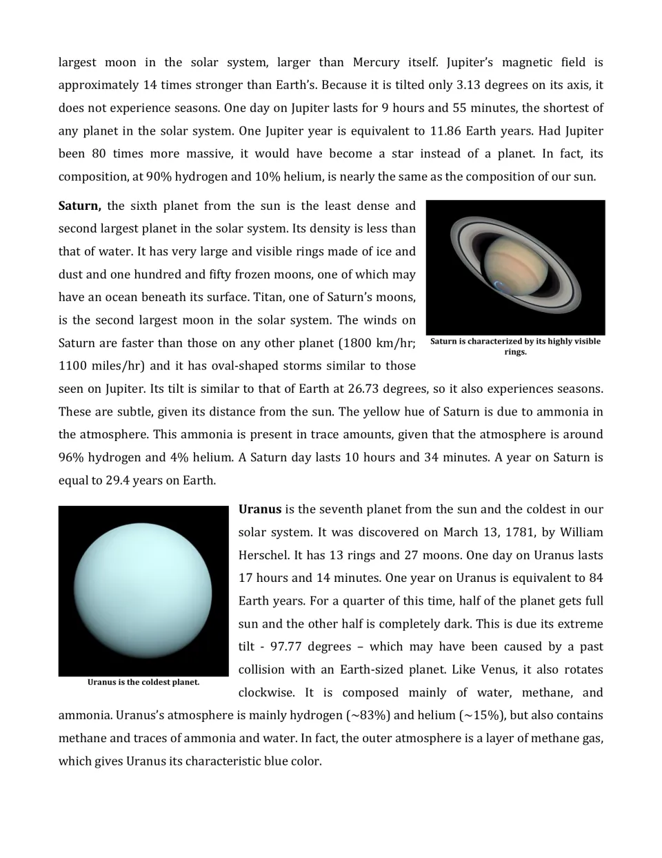 Article page 4: the rest of Jupiter, Saturn's rings and moons, and Uranus, the coldest planet, with photos