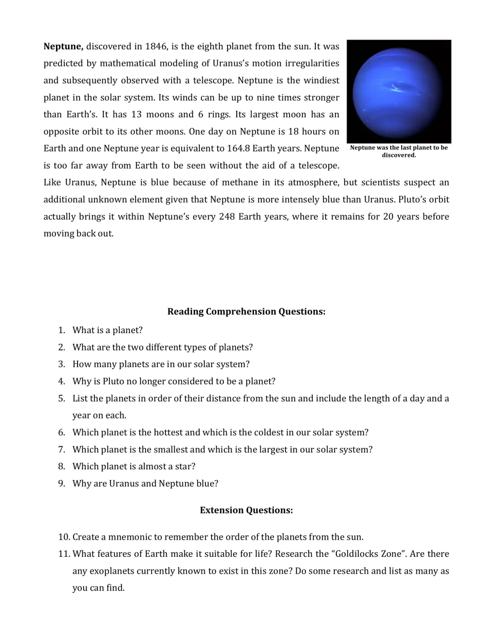 Neptune section, then 9 comprehension questions like 'Why are Uranus and Neptune blue?' and 2 extension questions