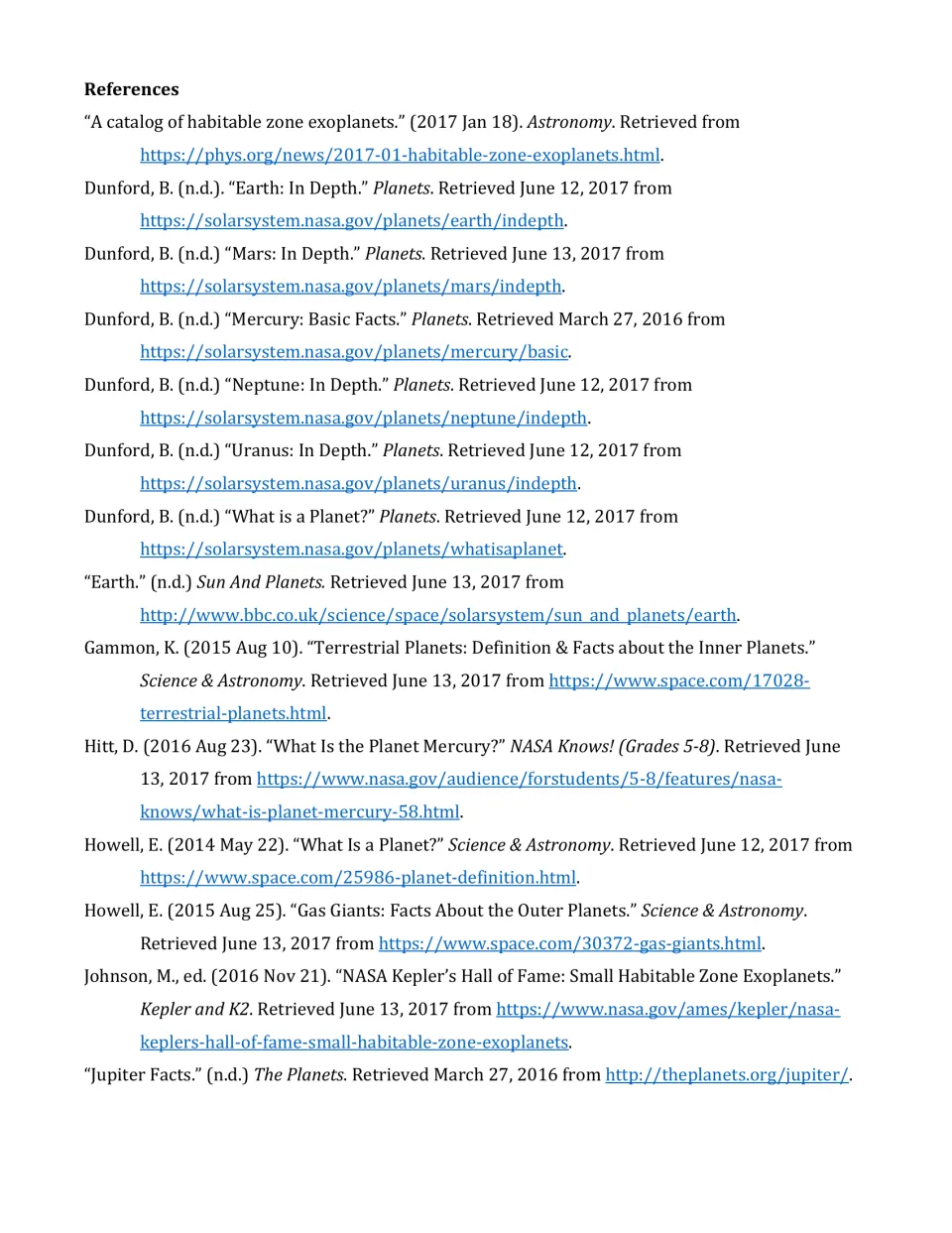 Reference list for the article, part 1: NASA solar system pages, Space.com, BBC and Astronomy sources