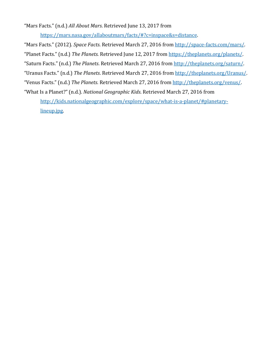 Reference list, part 2: Mars, Saturn, Uranus and Venus fact pages and a National Geographic Kids source