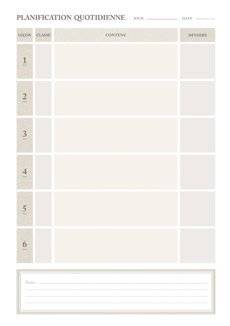 French daily planning template for lessons 1–6, with class, content, homework, day, date, and notes.