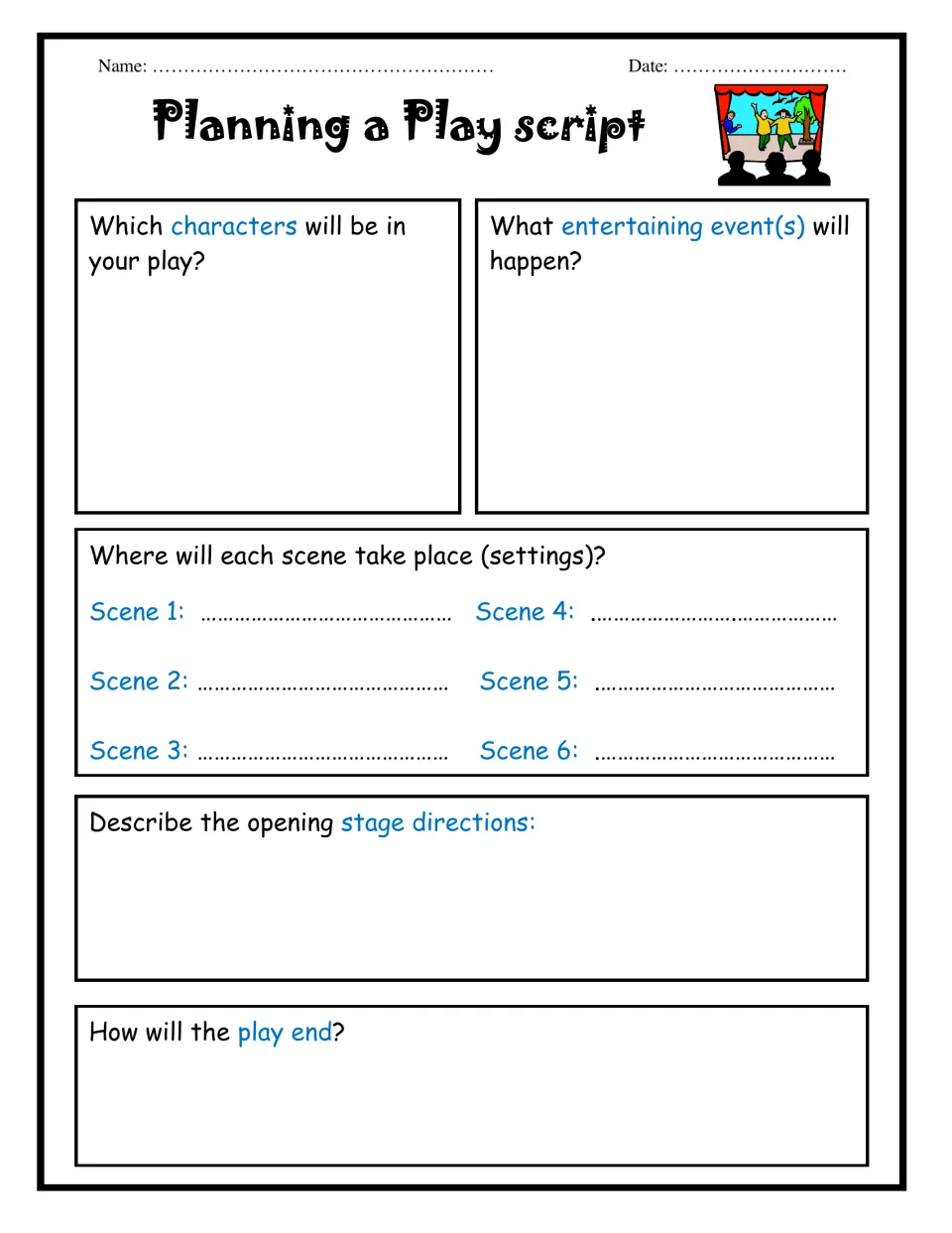 Play script planner: students list characters, key events, settings for six scenes, opening stage directions and the ending