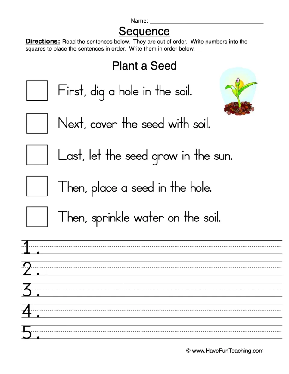 Plant a Seed sequencing: students number 5 jumbled planting steps using First, Next, Then, Last and rewrite them in order