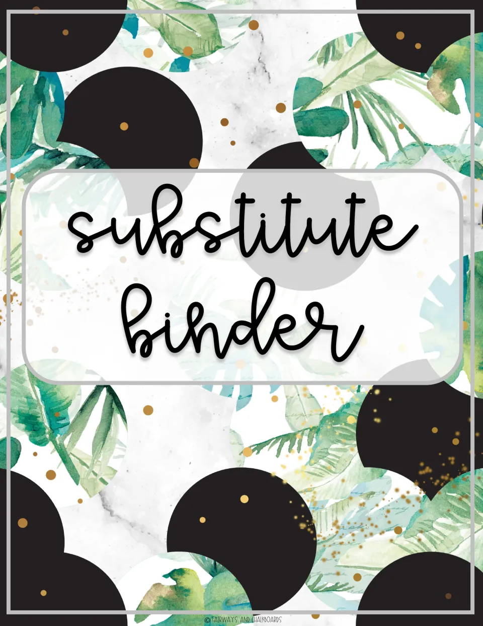 Substitute binder cover option three: tropical leaves on gray marble with large black dots and gold speckles