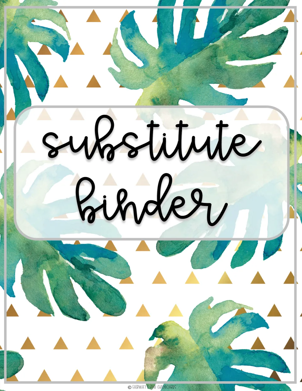 Substitute binder cover option four: teal watercolor monstera leaves scattered over a pattern of small gold triangles