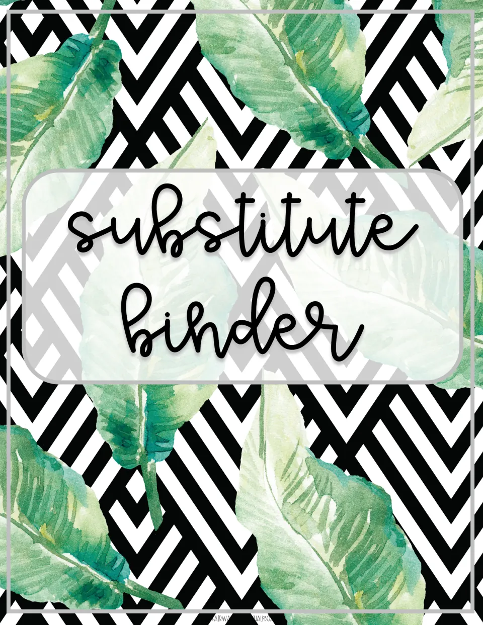 Substitute binder cover option five: long green banana leaves over a black and white zigzag chevron pattern