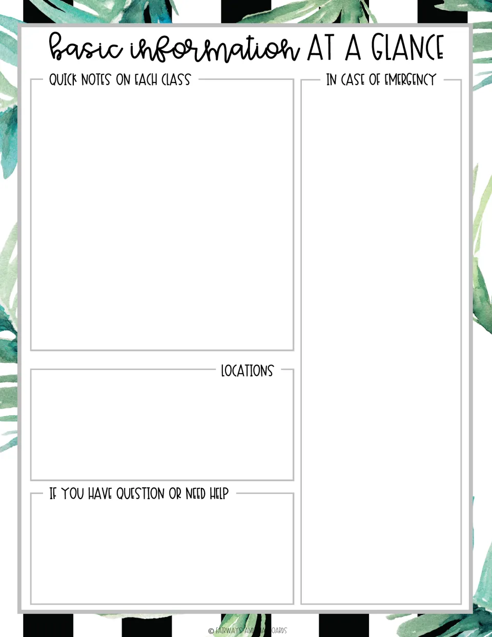 Basic information at a glance form: teacher notes on each class, locations, emergency plans and where to get help
