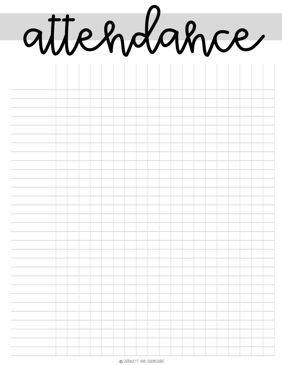 Attendance sheet: blank roster for writing student names and marking each one present or absent across many days