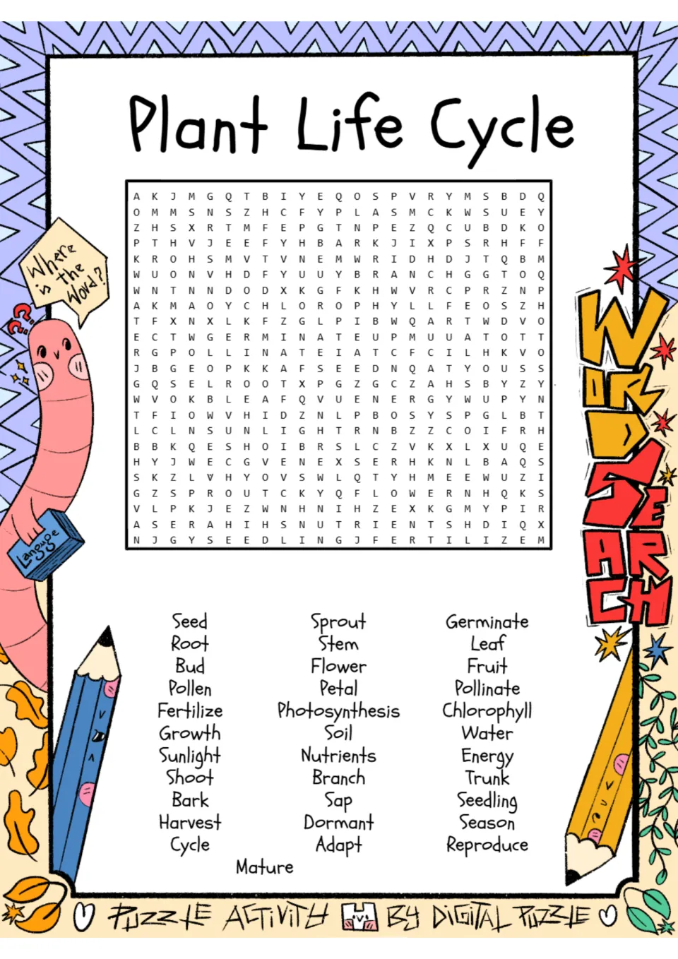 Plant life cycle vocabulary: students find 34 hidden words such as seed, sprout, pollinate and photosynthesis