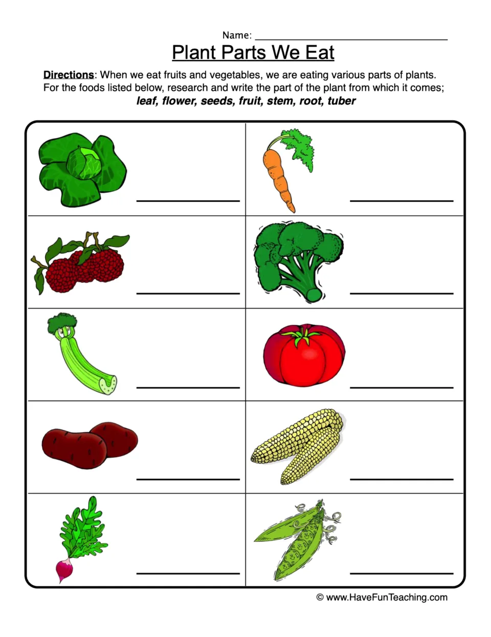 Edible plant parts: students write leaf, flower, seeds, fruit, stem, root or tuber for 10 pictured foods such as carrot