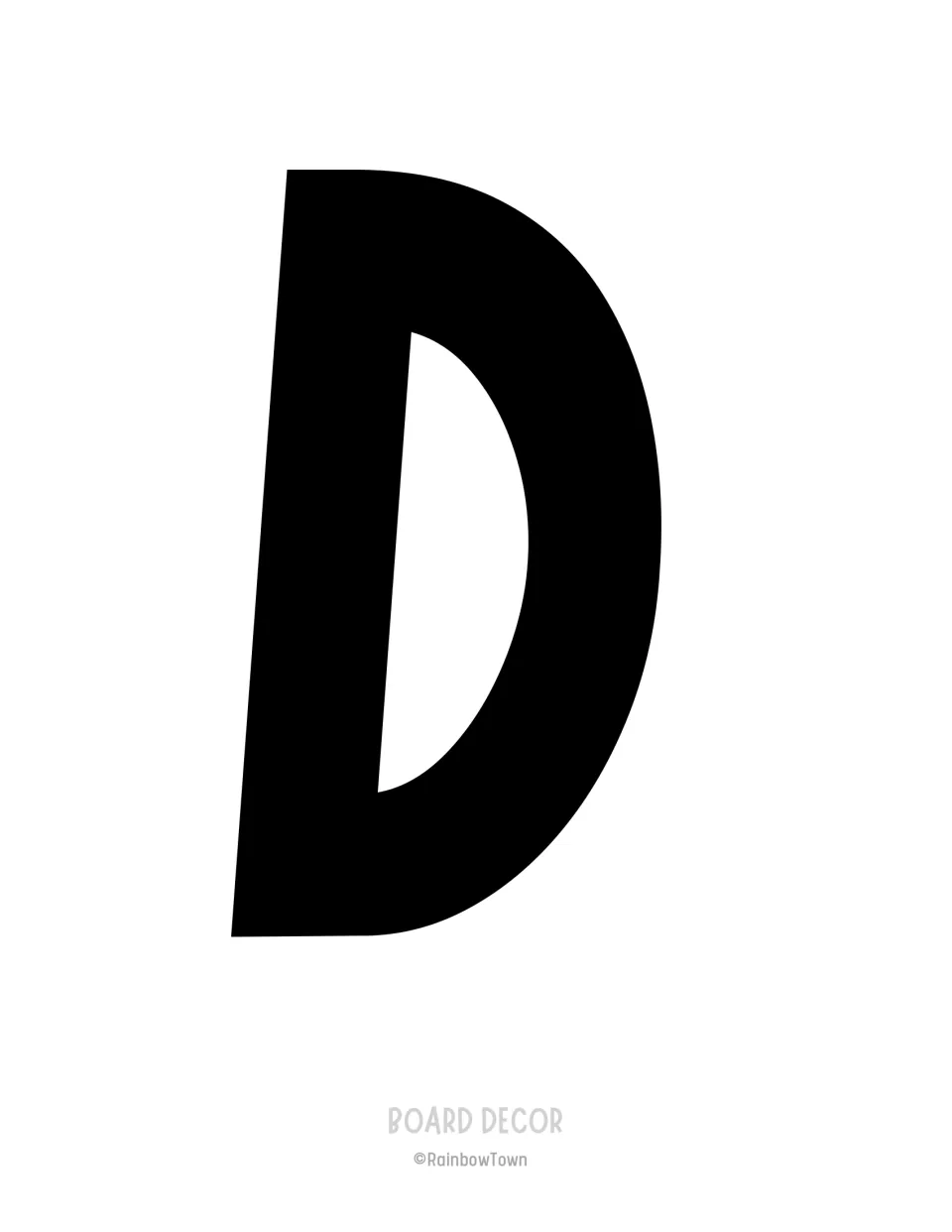 Letter D cut-out: a tall black capital with a curved side, labeled Board Decor at the foot of the sheet